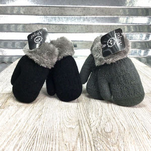 Alepo Mittens Black Grey Knit Faux Fur Set Two